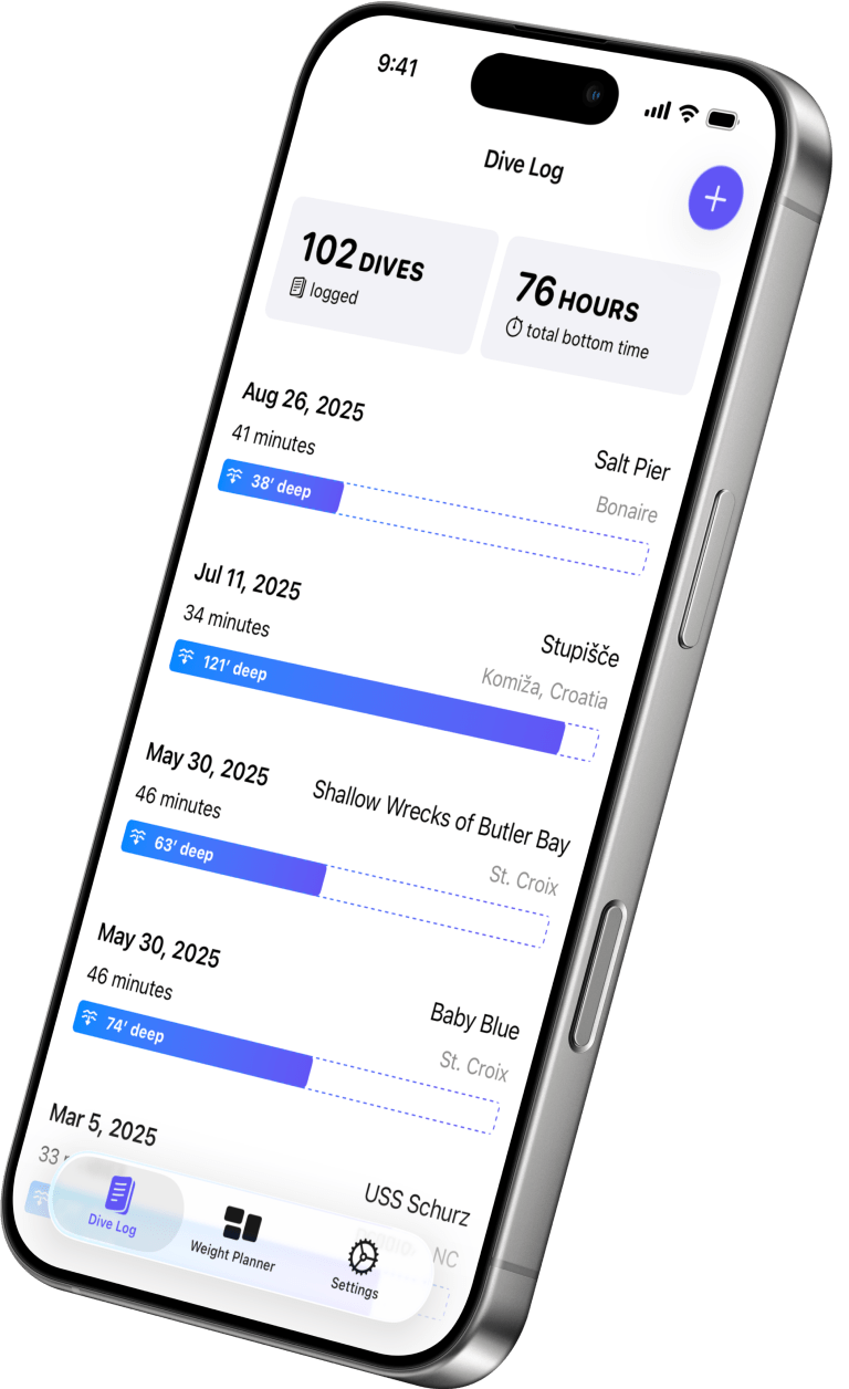 Screenshot of a scuba diving logbook in the EveryDive app running on an iPhone