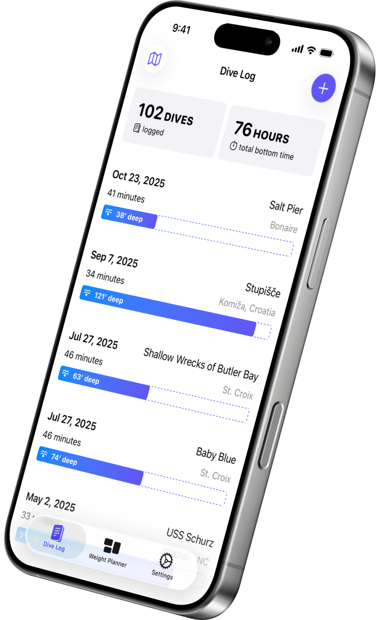 Screenshot of a scuba diving logbook in the EveryDive app running on an iPhone